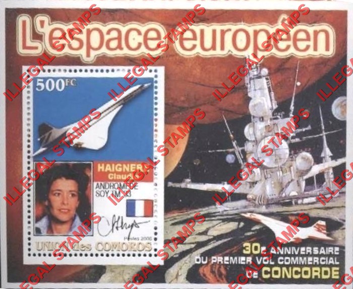 Comoro Islands 2006 30th Anniversary of the Concorde's First Commercial Flight European Space Counterfeit Illegal Stamp Souvenir Sheet of 1 (Sheet 4) Comoro Islands 2006 30th Anniversary of the Concorde's First Commercial Flight European Space Counterfeit Illegal Stamp Souvenir Sheet of 1 (Sheet 4)