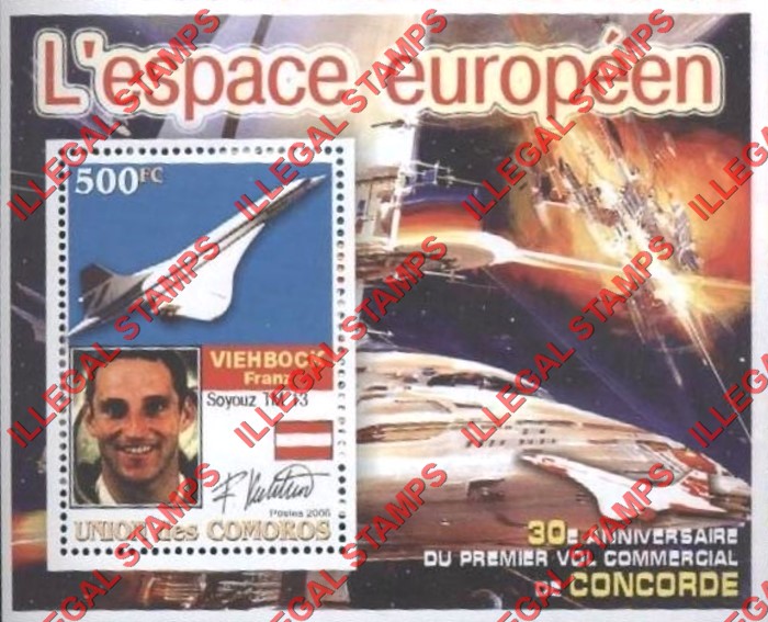 Comoro Islands 2006 30th Anniversary of the Concorde's First Commercial Flight European Space Counterfeit Illegal Stamp Souvenir Sheet of 1 (Sheet 5) Comoro Islands 2006 30th Anniversary of the Concorde's First Commercial Flight European Space Counterfeit Illegal Stamp Souvenir Sheet of 1 (Sheet 5)