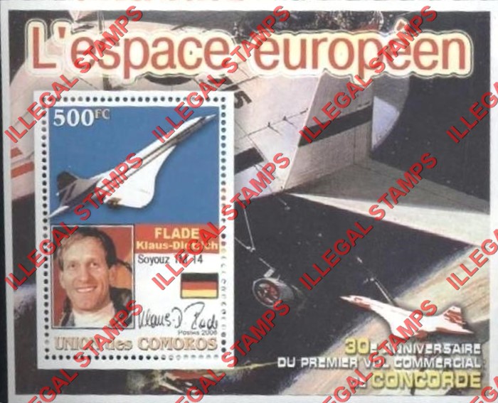 Comoro Islands 2006 30th Anniversary of the Concorde's First Commercial Flight European Space Counterfeit Illegal Stamp Souvenir Sheet of 1 (Sheet 6) Comoro Islands 2006 30th Anniversary of the Concorde's First Commercial Flight European Space Counterfeit Illegal Stamp Souvenir Sheet of 1 (Sheet 6)