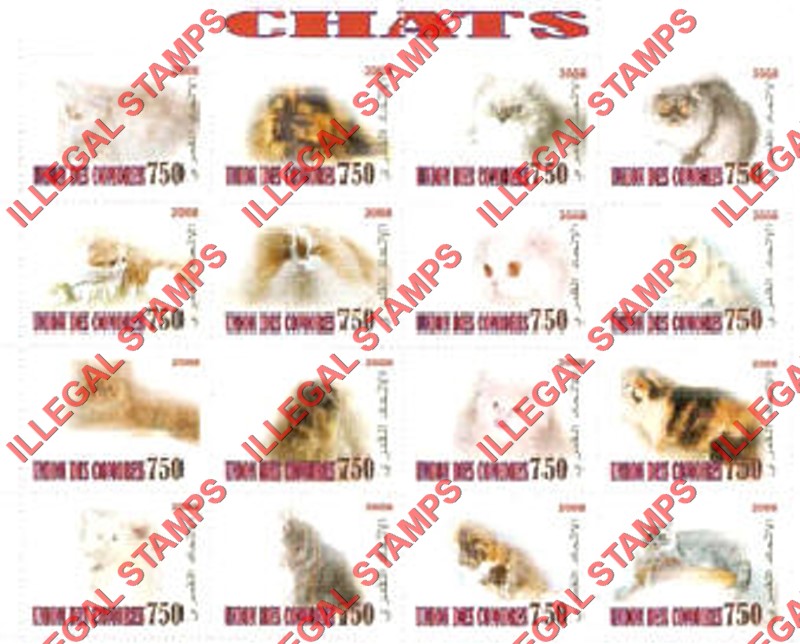 Comoro Islands 2008 Cats Counterfeit Illegal Stamp Souvenir Sheet of 16 Comoro Islands 2008 Cats Counterfeit Illegal Stamp Souvenir Sheet of 16