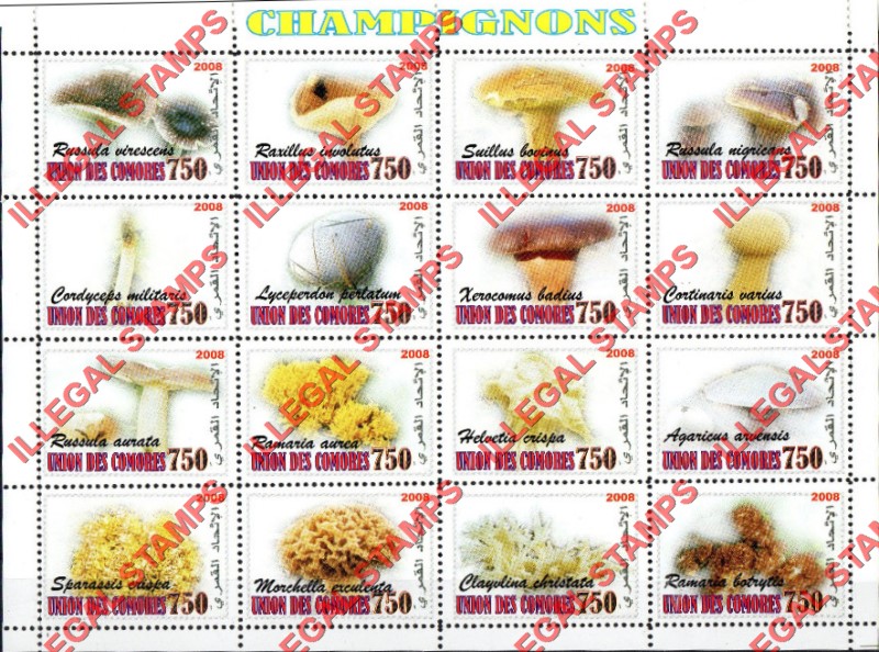 Comoro Islands 2008 Mushrooms Counterfeit Illegal Stamp Souvenir Sheet of 16 Comoro Islands 2008 Mushrooms Counterfeit Illegal Stamp Souvenir Sheet of 16