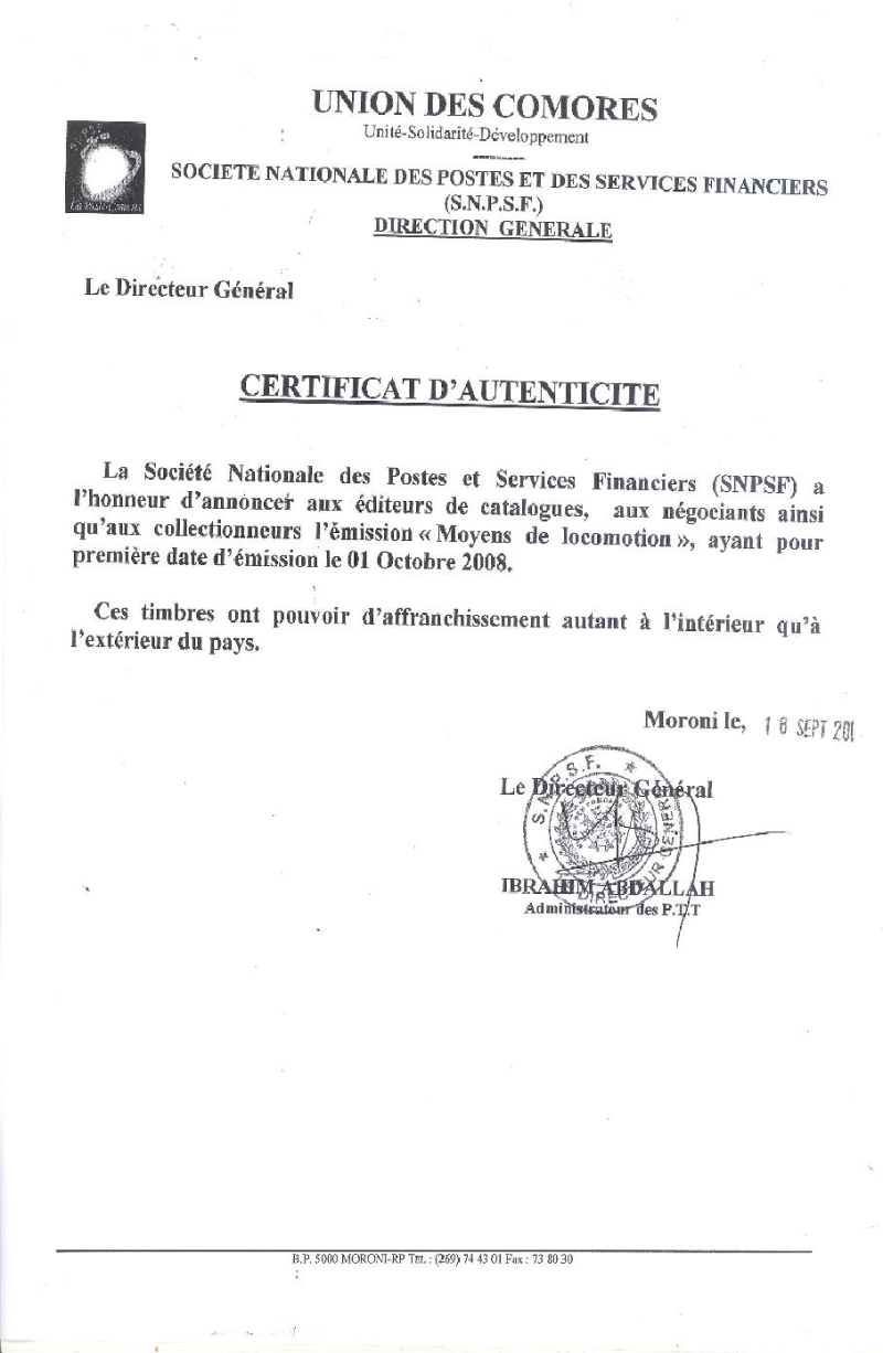Comoro Islands 2008 Official Certificate of Authenticity Published by the SNPSF Comoro Islands 2008 Official Certificate of Authenticity Published by the SNPSF