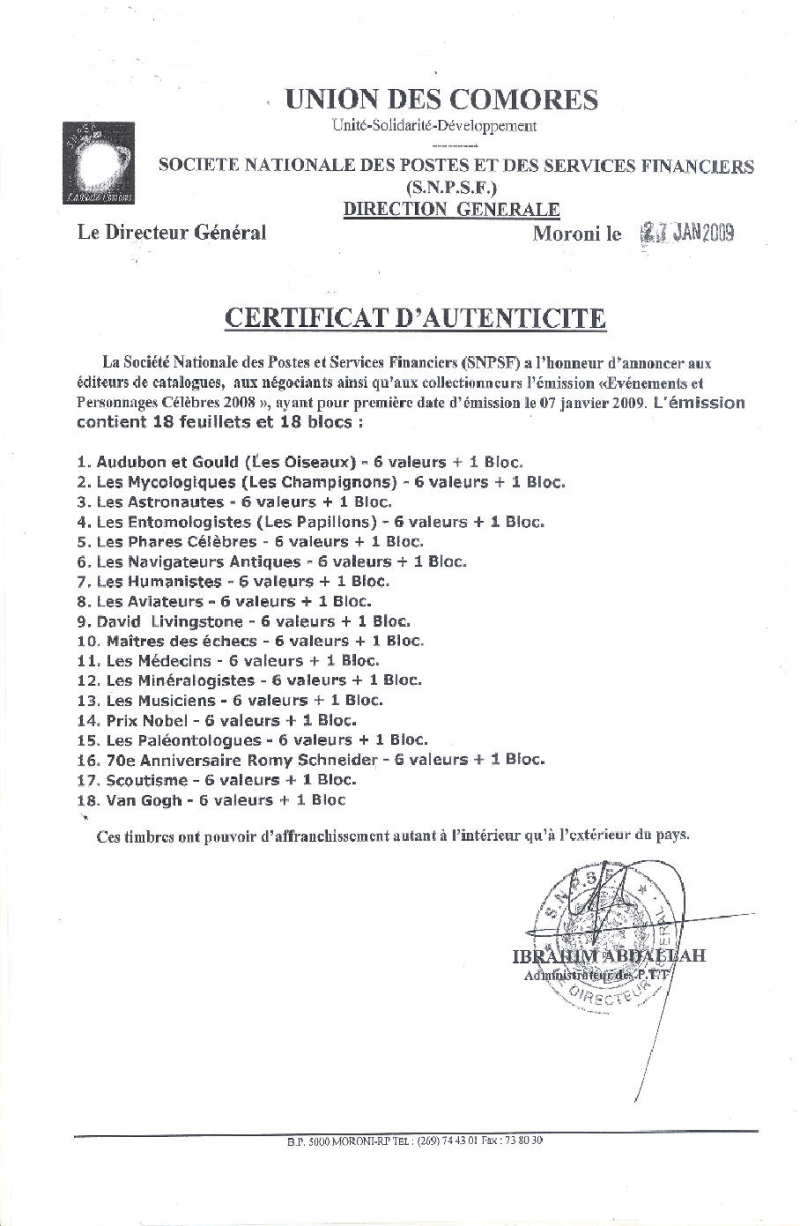 Comoro Islands 2009 Official Certificate of Authenticity Published by the SNPSF Comoro Islands 2009 Official Certificate of Authenticity Published by the SNPSF