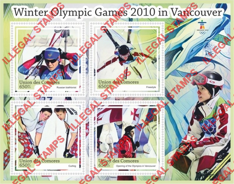 Comoro Islands 2010 Olympic Games in Vancouver Counterfeit Illegal Stamp Souvenir Sheet of 4 Comoro Islands 2010 Olympic Games in Vancouver Counterfeit Illegal Stamp Souvenir Sheet of 4