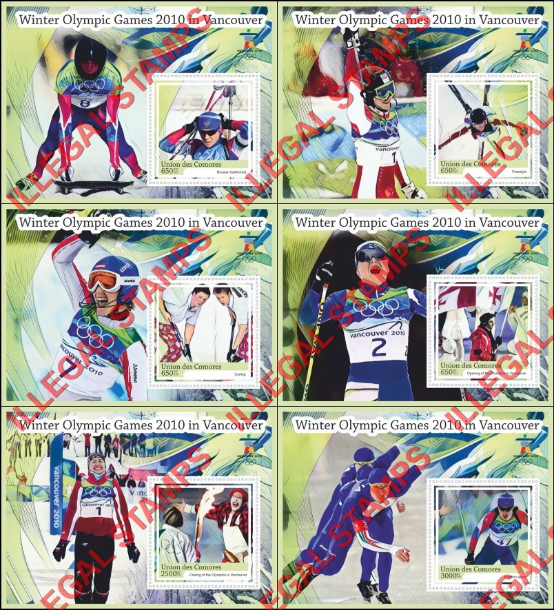 Comoro Islands 2010 Olympic Games in Vancouver Counterfeit Illegal Stamp Souvenir Sheets of 1 Comoro Islands 2010 Olympic Games in Vancouver Counterfeit Illegal Stamp Souvenir Sheets of 1