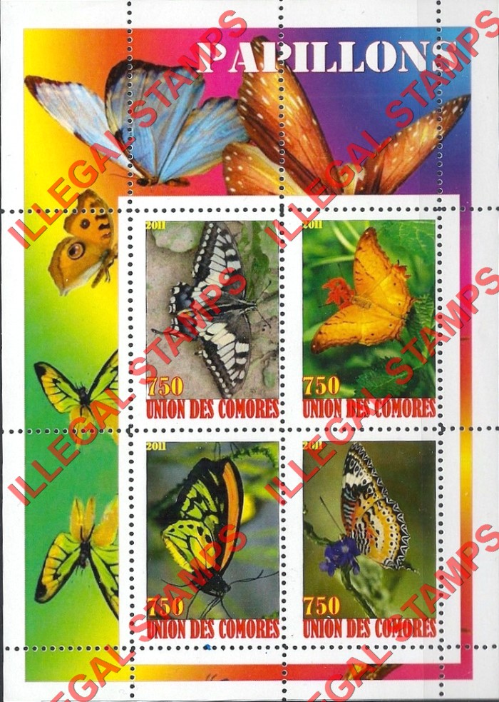Comoro Islands 2011 Butterflies Counterfeit Illegal Stamp Souvenir Sheet of 4 Comoro Islands 2011 Butterflies Counterfeit Illegal Stamp Souvenir Sheet of 4
