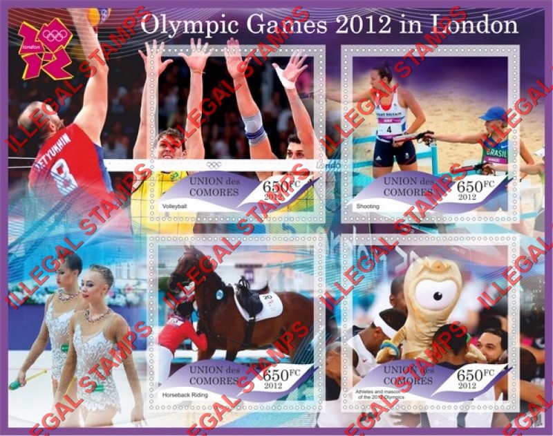 Comoro Islands 2012 Olympic Games in London Counterfeit Illegal Stamp Souvenir Sheet of 4 Comoro Islands 2012 Olympic Games in London Counterfeit Illegal Stamp Souvenir Sheet of 4