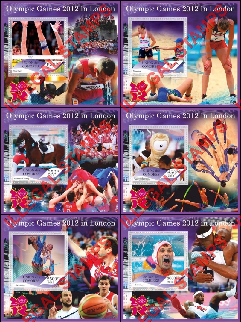 Comoro Islands 2012 Olympic Games in London Counterfeit Illegal Stamp Souvenir Sheets of 1 Comoro Islands 2012 Olympic Games in London Counterfeit Illegal Stamp Souvenir Sheets of 1