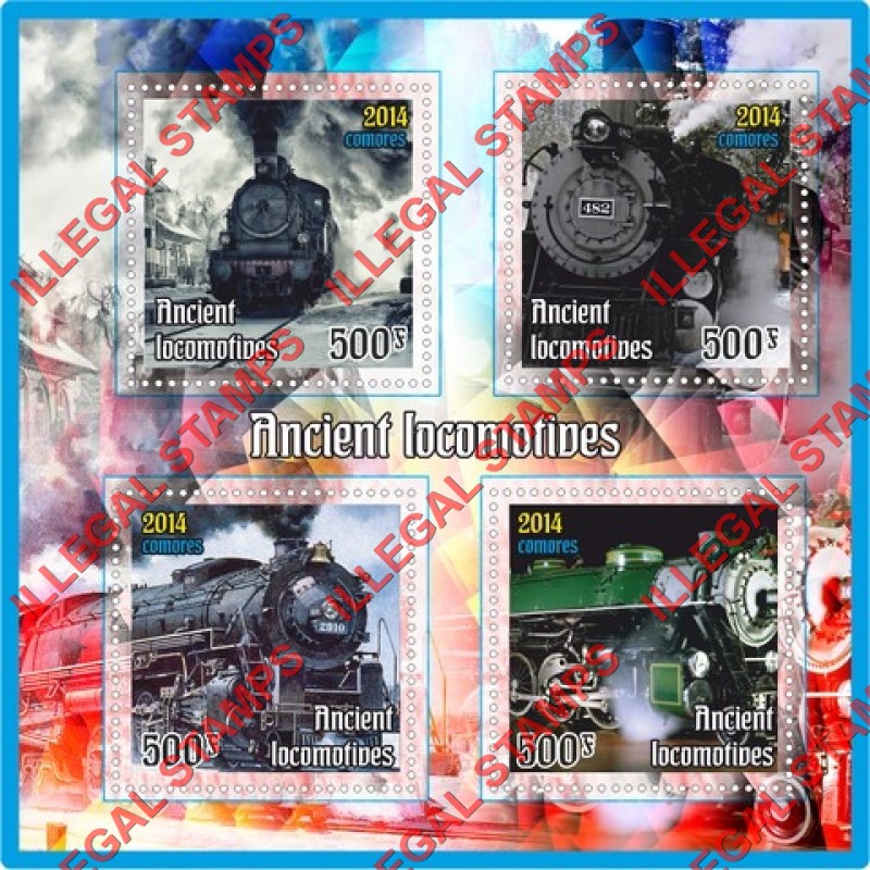 Comoro Islands 2014 Ancient Locomotives Counterfeit Illegal Stamp Souvenir Sheet of 4 Comoro Islands 2014 Ancient Locomotives Counterfeit Illegal Stamp Souvenir Sheet of 4