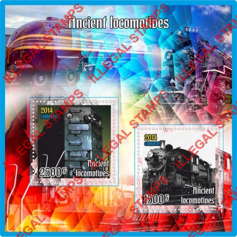 Comoro Islands 2014 Ancient Locomotives Counterfeit Illegal Stamp Souvenir Sheet of 2 Comoro Islands 2014 Ancient Locomotives Counterfeit Illegal Stamp Souvenir Sheet of 2