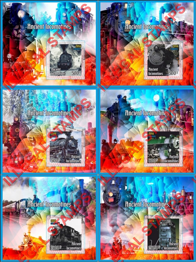 Comoro Islands 2014 Ancient Locomotives Counterfeit Illegal Stamp Souvenir Sheets of 1 Comoro Islands 2014 Ancient Locomotives Counterfeit Illegal Stamp Souvenir Sheets of 1