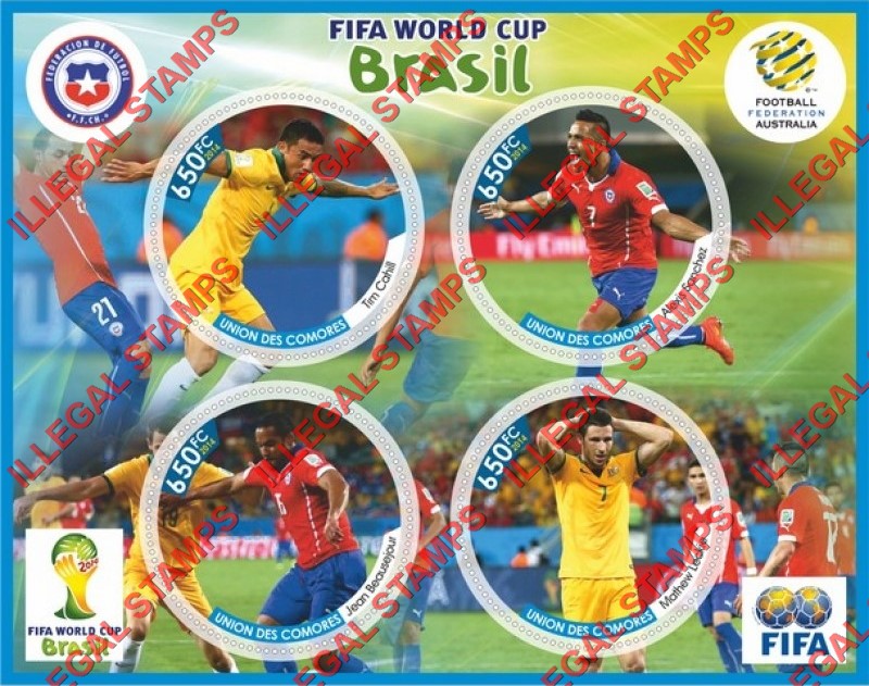 Comoro Islands 2014 FIFA World Cup Soccer in Brazil (different) Counterfeit Illegal Stamp Souvenir Sheet of 4 Comoro Islands 2014 FIFA World Cup Soccer in Brazil (different) Counterfeit Illegal Stamp Souvenir Sheet of 4
