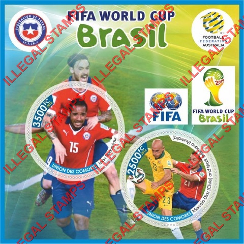 Comoro Islands 2014 FIFA World Cup Soccer in Brazil (different) Counterfeit Illegal Stamp Souvenir Sheet of 2 Comoro Islands 2014 FIFA World Cup Soccer in Brazil (different) Counterfeit Illegal Stamp Souvenir Sheet of 2
