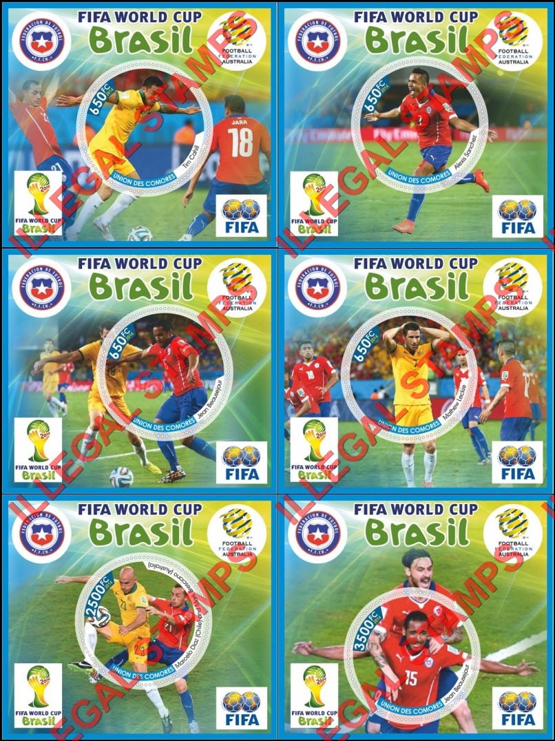 Comoro Islands 2014 FIFA World Cup Soccer in Brazil (different) Counterfeit Illegal Stamp Souvenir Sheets of 1 Comoro Islands 2014 FIFA World Cup Soccer in Brazil (different) Counterfeit Illegal Stamp Souvenir Sheets of 1