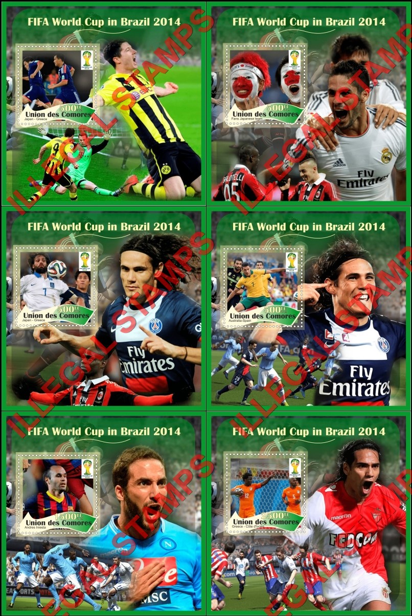 Comoro Islands 2014 FIFA World Cup Soccer in Brazil Counterfeit Illegal Stamp Souvenir Sheets of 1 Comoro Islands 2014 FIFA World Cup Soccer in Brazil Counterfeit Illegal Stamp Souvenir Sheets of 1