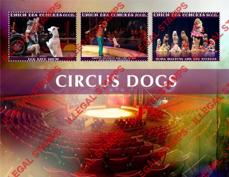 Comoro Islands 2015 Circus Dogs Counterfeit Illegal Stamp Souvenir Sheet of 3 Comoro Islands 2015 Circus Dogs Counterfeit Illegal Stamp Souvenir Sheet of 3