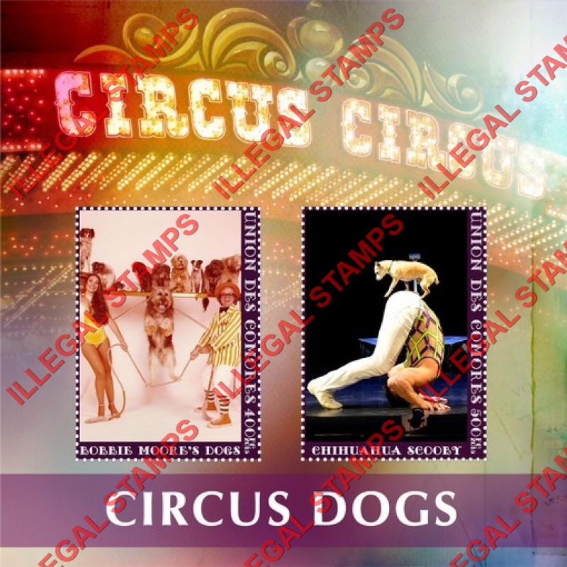 Comoro Islands 2015 Circus Dogs Counterfeit Illegal Stamp Souvenir Sheet of 2 Comoro Islands 2015 Circus Dogs Counterfeit Illegal Stamp Souvenir Sheet of 2