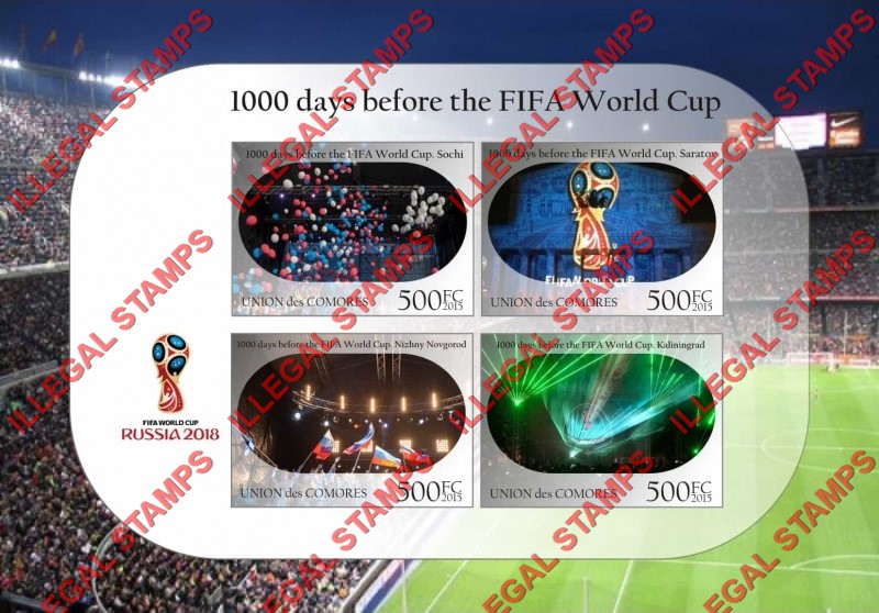 Comoro Islands 2015 FIFA World Cup Soccer in Russia in 2018 Counterfeit Illegal Stamp Souvenir Sheet of 4 Comoro Islands 2015 FIFA World Cup Soccer in Russia in 2018 Counterfeit Illegal Stamp Souvenir Sheet of 4
