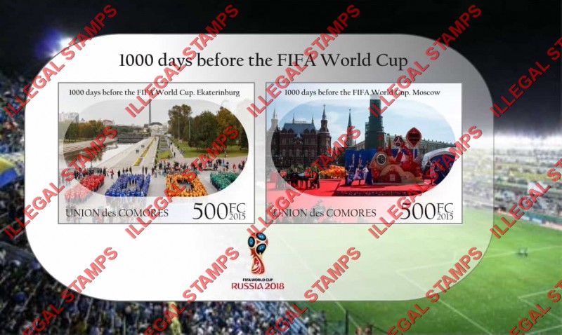 Comoro Islands 2015 FIFA World Cup Soccer in Russia in 2018 Counterfeit Illegal Stamp Souvenir Sheet of 2 Comoro Islands 2015 FIFA World Cup Soccer in Russia in 2018 Counterfeit Illegal Stamp Souvenir Sheet of 2