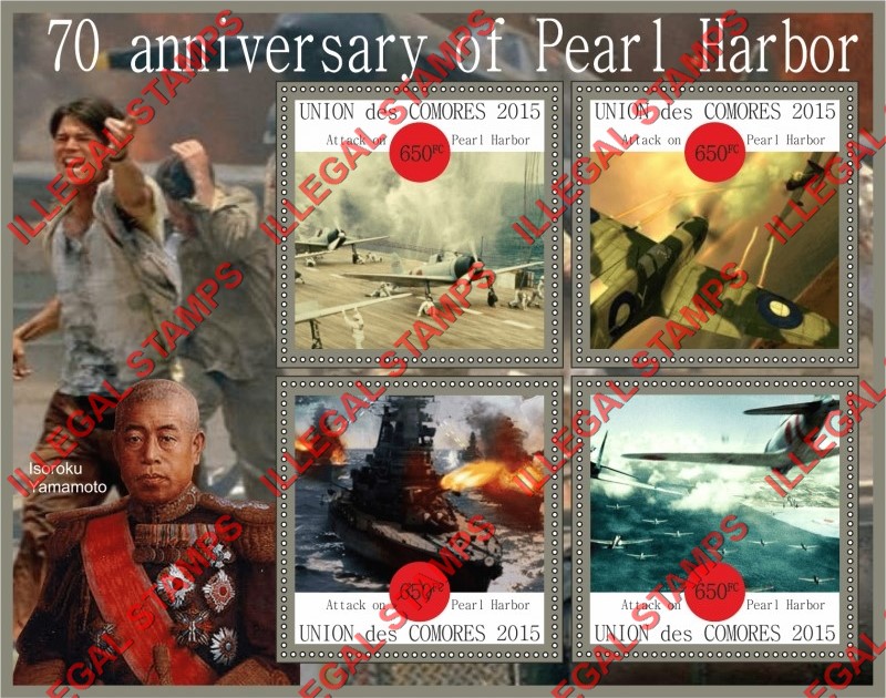 Comoro Islands 2015 Pearl Harbor Counterfeit Illegal Stamp Souvenir Sheet of 4 Comoro Islands 2015 Pearl Harbor Counterfeit Illegal Stamp Souvenir Sheet of 4