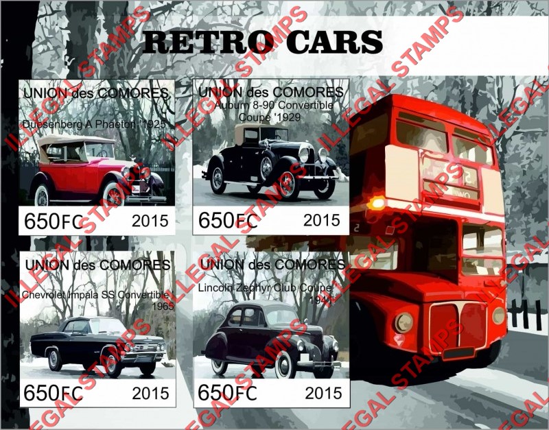 Comoro Islands 2015 Retro Cars Counterfeit Illegal Stamp Souvenir Sheet of 4 Comoro Islands 2015 Retro Cars Counterfeit Illegal Stamp Souvenir Sheet of 4