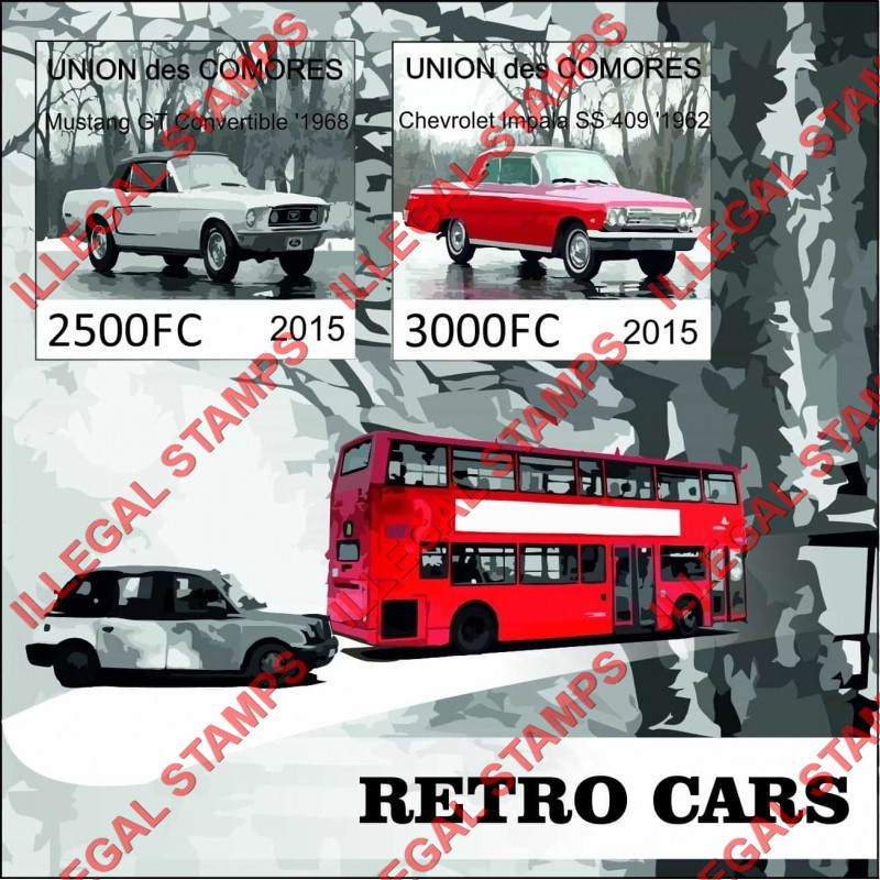 Comoro Islands 2015 Retro Cars Counterfeit Illegal Stamp Souvenir Sheet of 2 Comoro Islands 2015 Retro Cars Counterfeit Illegal Stamp Souvenir Sheet of 2