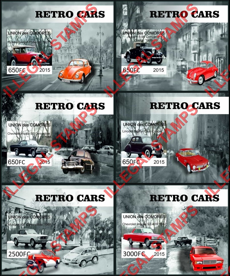 Comoro Islands 2015 Retro Cars Counterfeit Illegal Stamp Souvenir Sheets of 1 Comoro Islands 2015 Retro Cars Counterfeit Illegal Stamp Souvenir Sheets of 1