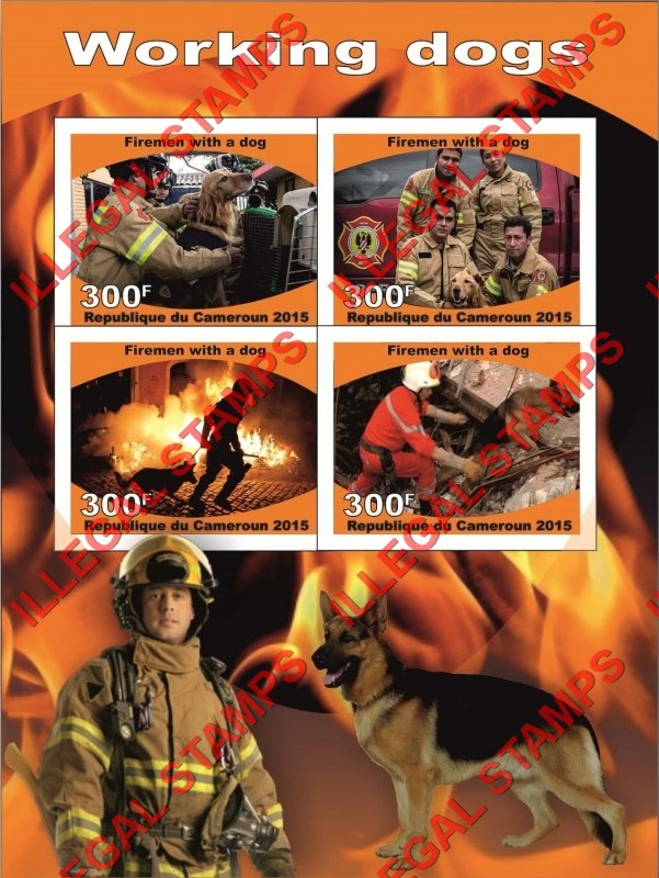 Comoro Islands 2015 Working Dogs Firemen with a Dog Counterfeit Illegal Stamp Souvenir Sheet of 4 Comoro Islands 2015 Working Dogs Firemen with a Dog Counterfeit Illegal Stamp Souvenir Sheet of 4