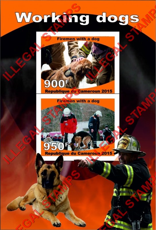 Comoro Islands 2015 Working Dogs Firemen with a Dog Counterfeit Illegal Stamp Souvenir Sheet of 2 Comoro Islands 2015 Working Dogs Firemen with a Dog Counterfeit Illegal Stamp Souvenir Sheet of 2