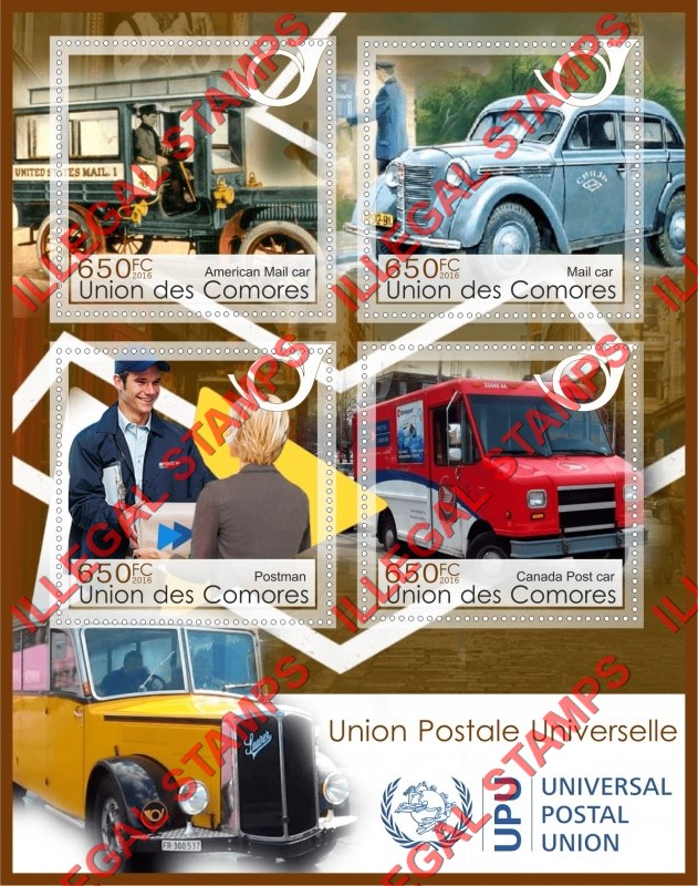 Comoro Islands 2016 Mail Cars and the UPU Logo Counterfeit Illegal Stamp Souvenir Sheet of 4