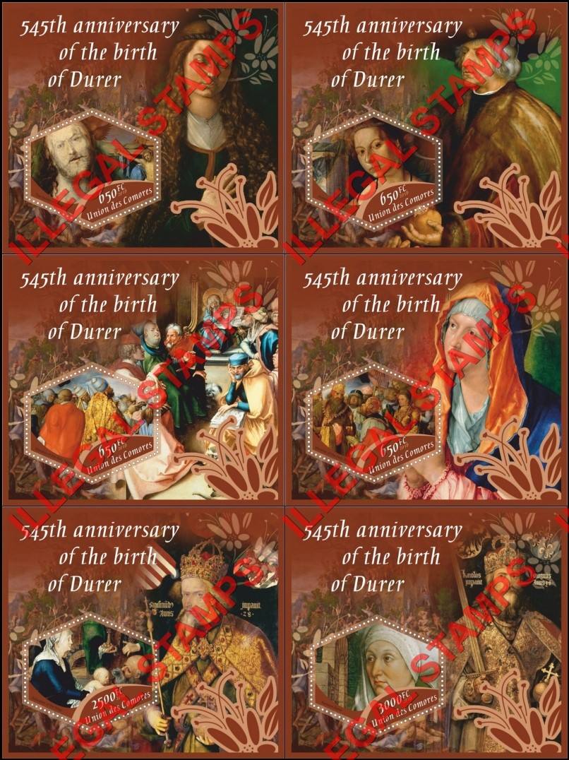 Comoro Islands 2016 Paintings by Albrecht Durer Counterfeit Illegal Stamp Souvenir Sheets of 1