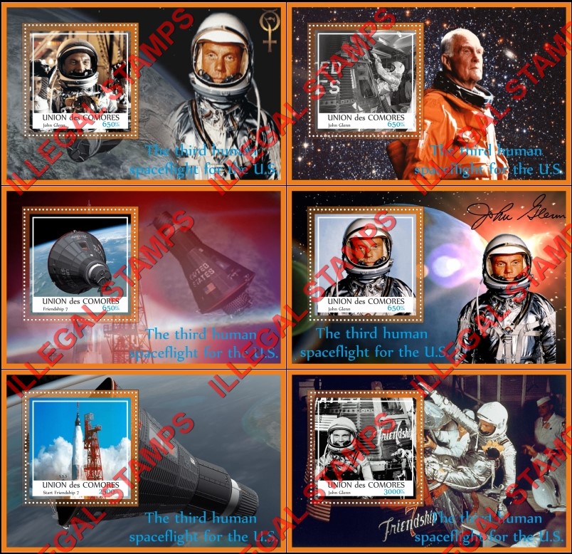 Comoro Islands 2016 Space Mercury 6 John Glenn Counterfeit Illegal Stamp Souvenir Sheets of 1
