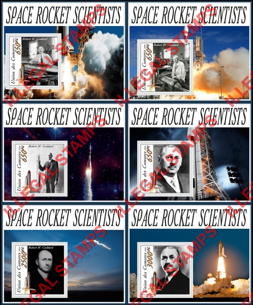 Comoro Islands 2016 Space Rocket Scientist Robert H. Goddard Counterfeit Illegal Stamp Souvenir Sheets of 1