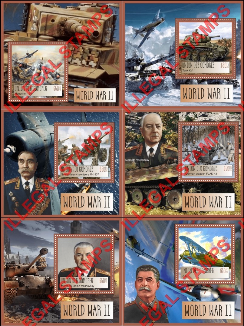Comoro Islands 2016 World War II Counterfeit Illegal Stamp Souvenir Sheets of 1