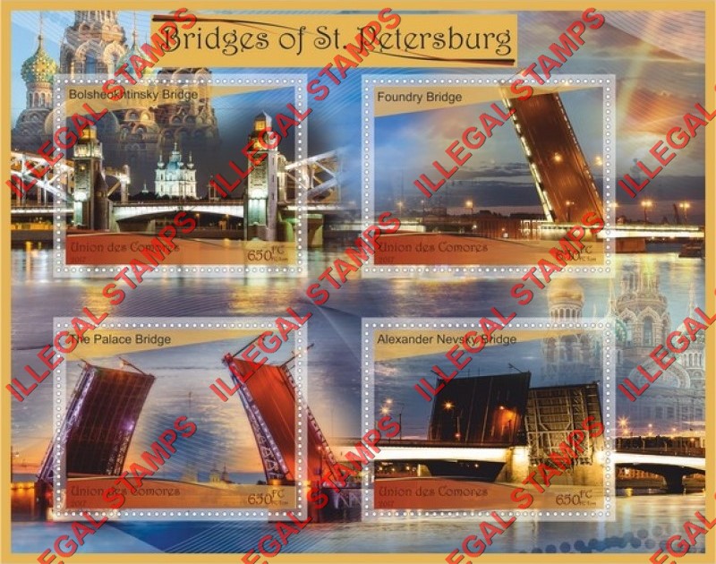 Comoro Islands 2017 Bridges of St. Petersburg Counterfeit Illegal Stamp Souvenir Sheet of 4 Comoro Islands 2017 Bridges of St. Petersburg Counterfeit Illegal Stamp Souvenir Sheet of 4