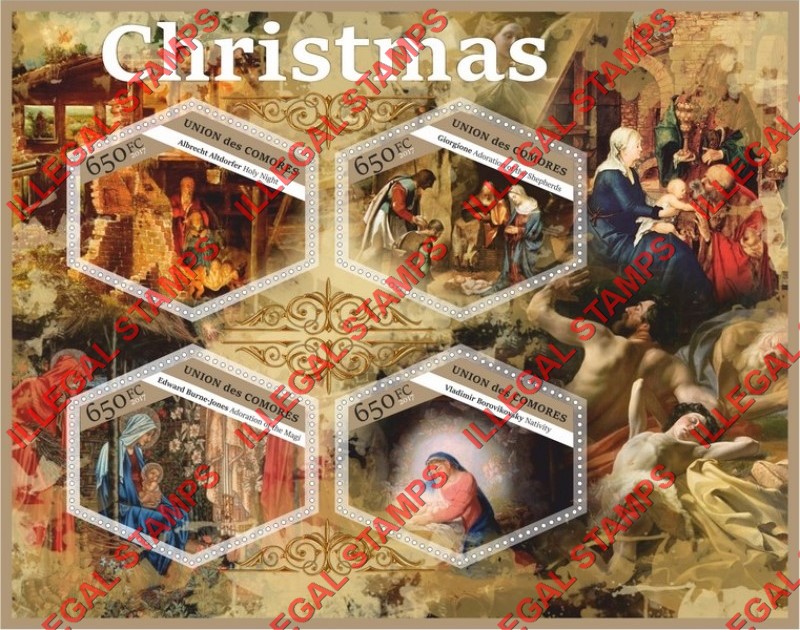 Comoro Islands 2017 Christmas Paintings Counterfeit Illegal Stamp Souvenir Sheet of 4 Comoro Islands 2017 Christmas Paintings Counterfeit Illegal Stamp Souvenir Sheet of 4