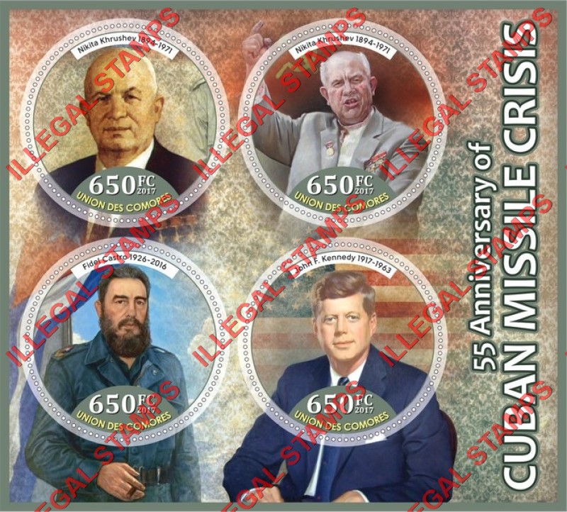 Comoro Islands 2017 Cuban Missile Crisis Counterfeit Illegal Stamp Souvenir Sheet of 4 Comoro Islands 2017 Cuban Missile Crisis Counterfeit Illegal Stamp Souvenir Sheet of 4