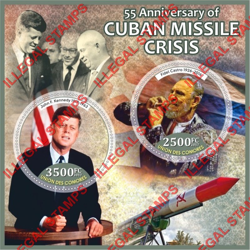 Comoro Islands 2017 Cuban Missile Crisis Counterfeit Illegal Stamp Souvenir Sheet of 2 Comoro Islands 2017 Cuban Missile Crisis Counterfeit Illegal Stamp Souvenir Sheet of 2