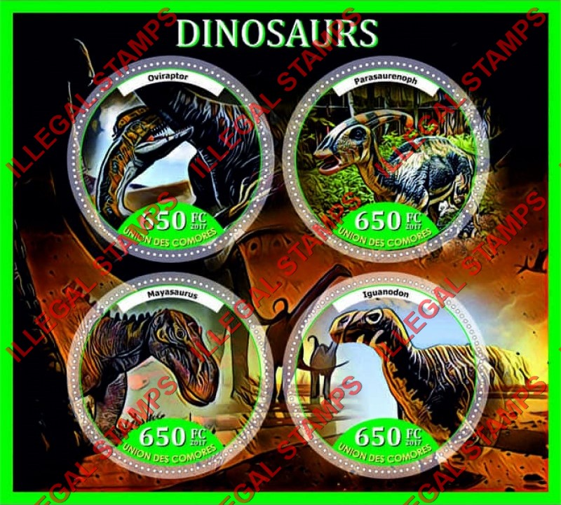 Comoro Islands 2017 Dinosaurs (different a) Counterfeit Illegal Stamp Souvenir Sheet of 4 Comoro Islands 2017 Dinosaurs (different a) Counterfeit Illegal Stamp Souvenir Sheet of 4