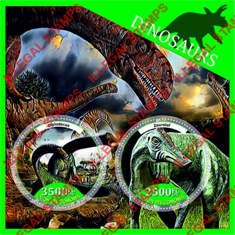 Comoro Islands 2017 Dinosaurs (different a) Counterfeit Illegal Stamp Souvenir Sheet of 2 Comoro Islands 2017 Dinosaurs (different a) Counterfeit Illegal Stamp Souvenir Sheet of 2