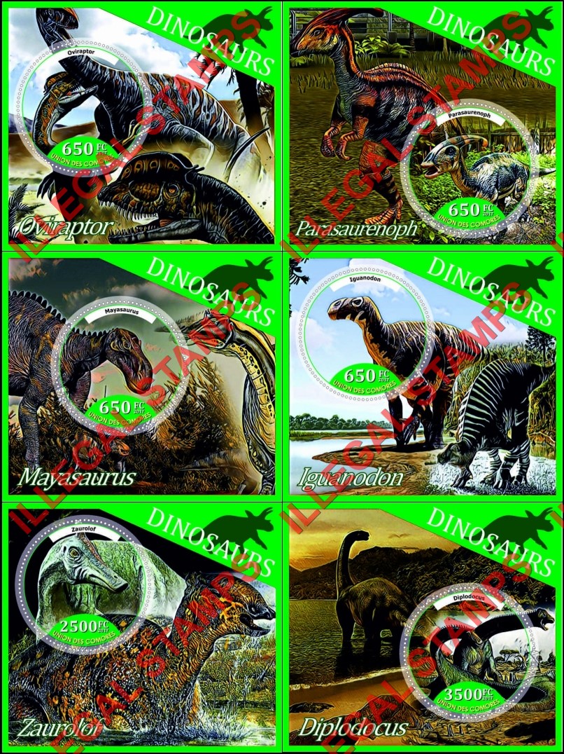 Comoro Islands 2017 Dinosaurs (different a) Counterfeit Illegal Stamp Souvenir Sheets of 1 Comoro Islands 2017 Dinosaurs (different a) Counterfeit Illegal Stamp Souvenir Sheets of 1