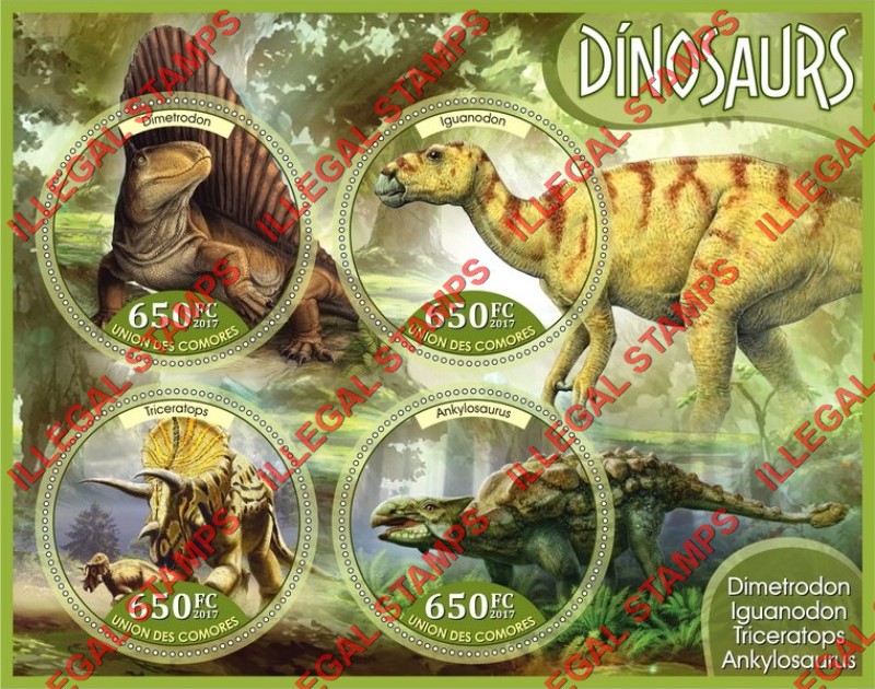 Comoro Islands 2017 Dinosaurs (different) Counterfeit Illegal Stamp Souvenir Sheet of 4 Comoro Islands 2017 Dinosaurs (different) Counterfeit Illegal Stamp Souvenir Sheet of 4