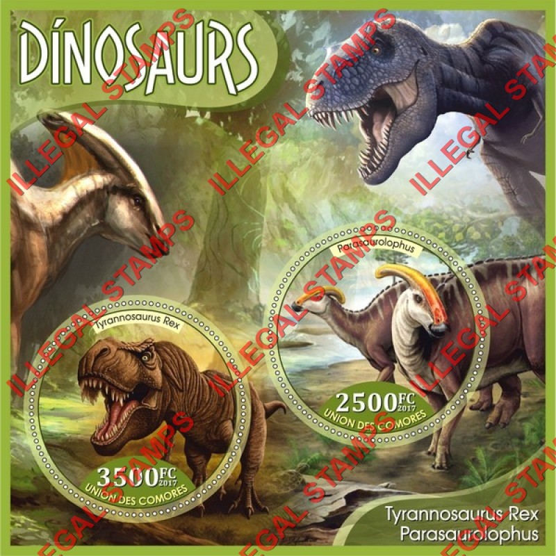 Comoro Islands 2017 Dinosaurs (different) Counterfeit Illegal Stamp Souvenir Sheet of 2 Comoro Islands 2017 Dinosaurs (different) Counterfeit Illegal Stamp Souvenir Sheet of 2