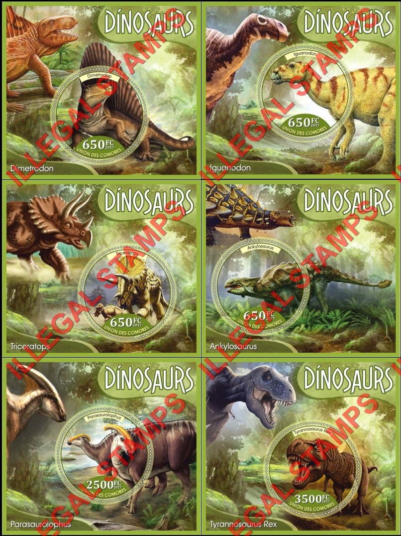 Comoro Islands 2017 Dinosaurs (different) Counterfeit Illegal Stamp Souvenir Sheets of 1 Comoro Islands 2017 Dinosaurs (different) Counterfeit Illegal Stamp Souvenir Sheets of 1