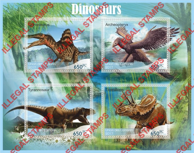Comoro Islands 2017 Dinosaurs Counterfeit Illegal Stamp Souvenir Sheet of 4 Comoro Islands 2017 Dinosaurs Counterfeit Illegal Stamp Souvenir Sheet of 4