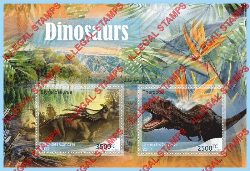 Comoro Islands 2017 Dinosaurs Counterfeit Illegal Stamp Souvenir Sheet of 2 Comoro Islands 2017 Dinosaurs Counterfeit Illegal Stamp Souvenir Sheet of 2