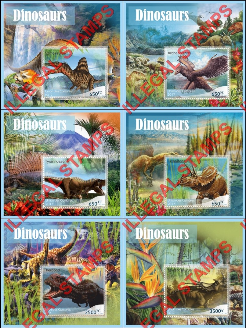 Comoro Islands 2017 Dinosaurs Counterfeit Illegal Stamp Souvenir Sheets of 1 Comoro Islands 2017 Dinosaurs Counterfeit Illegal Stamp Souvenir Sheets of 1