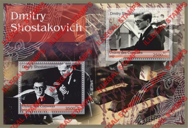 Comoro Islands 2017 Dmitry Shostakovich Composer Counterfeit Illegal Stamp Souvenir Sheet of 2 Comoro Islands 2017 Dmitry Shostakovich Composer Counterfeit Illegal Stamp Souvenir Sheet of 2