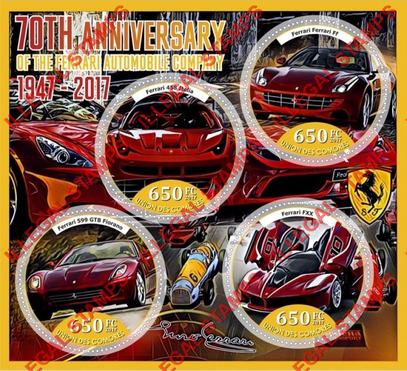 Comoro Islands 2017 Ferrari Counterfeit Illegal Stamp Souvenir Sheet of 4 Comoro Islands 2017 Ferrari Counterfeit Illegal Stamp Souvenir Sheet of 4