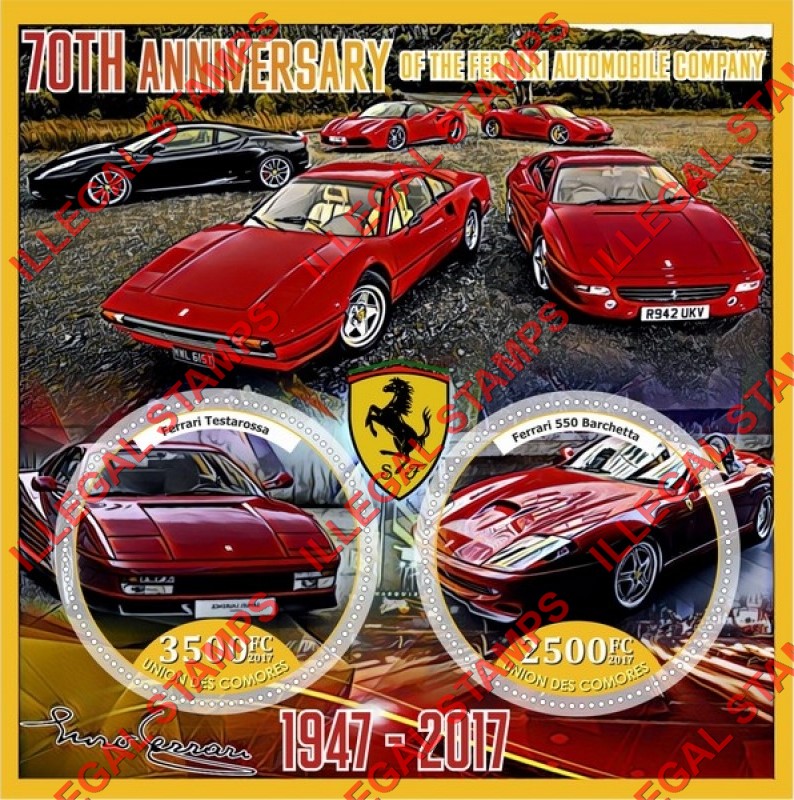 Comoro Islands 2017 Ferrari Counterfeit Illegal Stamp Souvenir Sheet of 2 Comoro Islands 2017 Ferrari Counterfeit Illegal Stamp Souvenir Sheet of 2